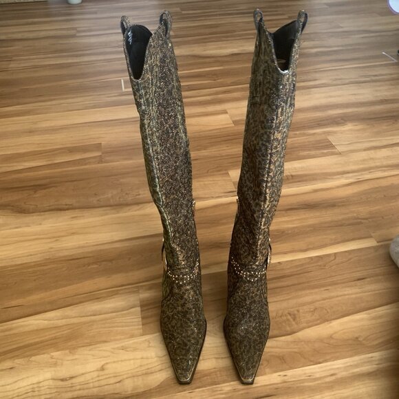 Jessica Simpson Animal Print Fabric Kenzin Tall Boots Size 10M Embellished - Picture 3 of 15